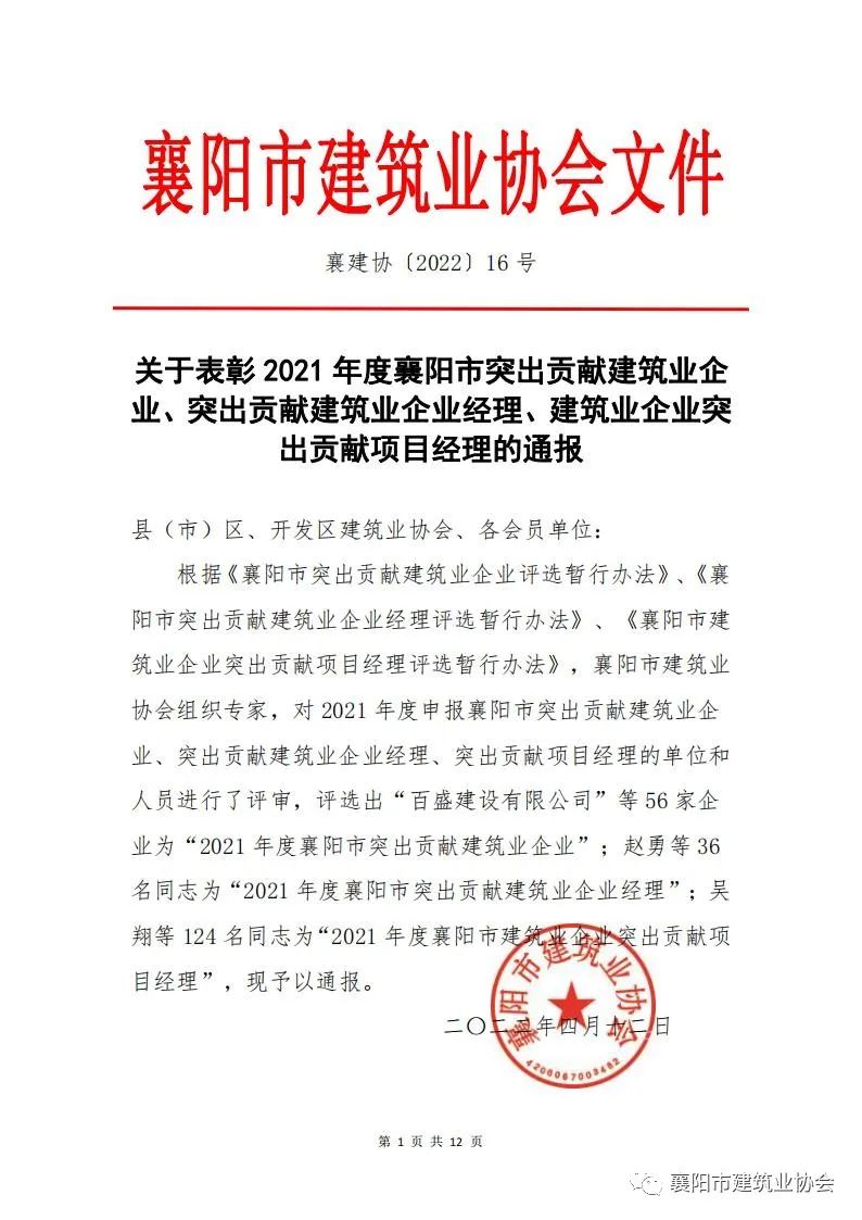 喜报！中电凯源荣获2021年度襄阳市突出贡献建筑企业(图1)